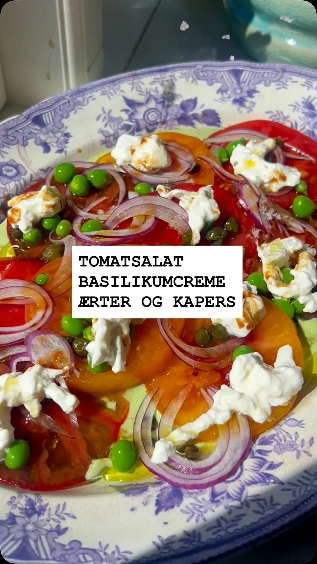 Tomatsalat med burrata, basilikumcreme, kapers og ærter